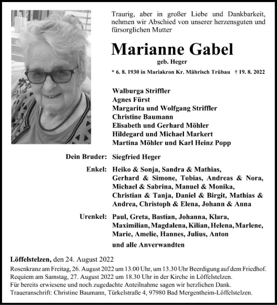 Traueranzeige von Marianne Gabel von Fränkische Nachrichten