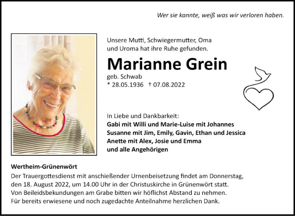  Traueranzeige für Marianne Grein vom 13.08.2022 aus Fränkische Nachrichten