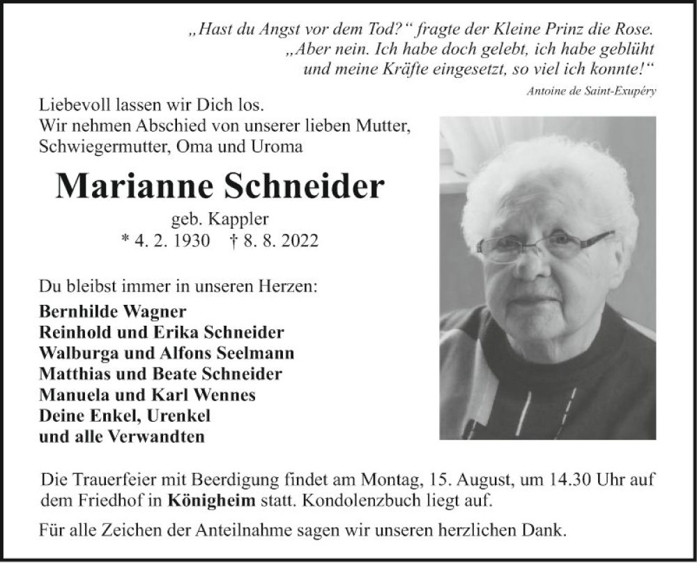  Traueranzeige für Marianne Schneider vom 12.08.2022 aus Fränkische Nachrichten