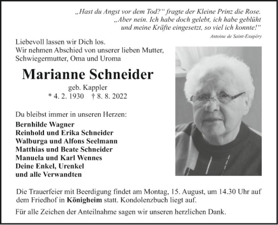 Traueranzeige von Marianne Schneider von Fränkische Nachrichten