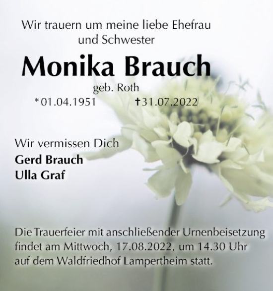 Traueranzeige von Monika Brauch von Mannheimer Morgen