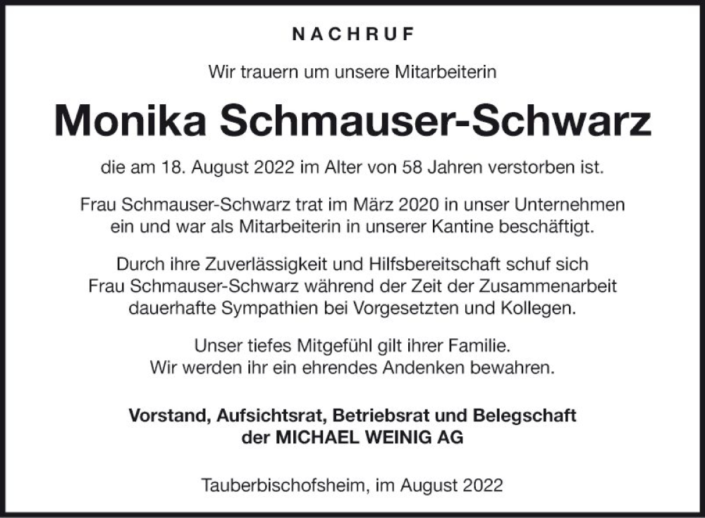  Traueranzeige für Monika Schmauser-Schwarz vom 24.08.2022 aus Fränkische Nachrichten