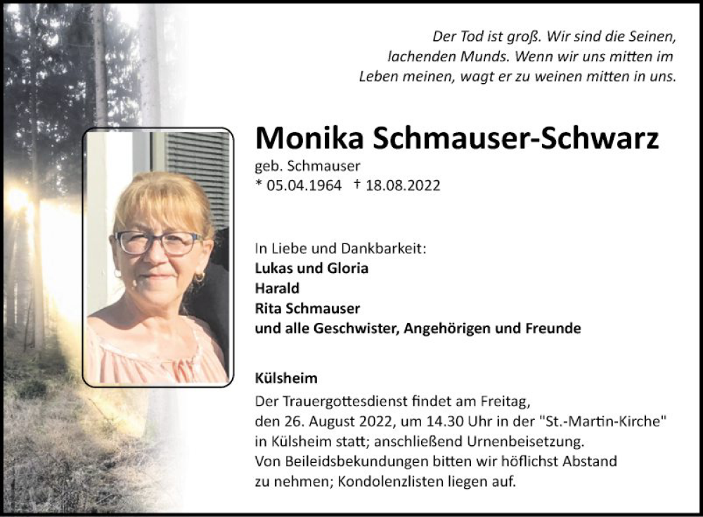  Traueranzeige für Monika Schmauser-Schwarz vom 23.08.2022 aus Fränkische Nachrichten