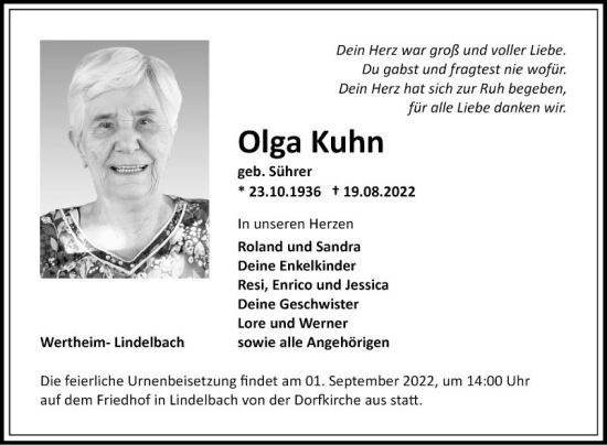 Traueranzeige von Olga Kuhn von Fränkische Nachrichten