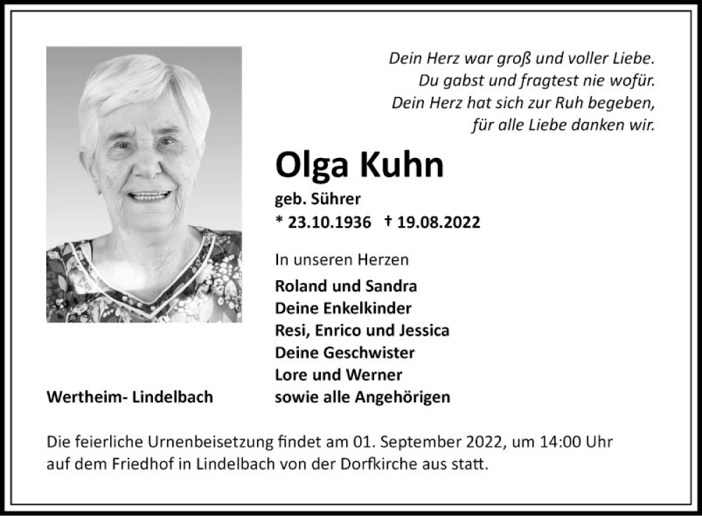  Traueranzeige für Olga Kuhn vom 27.08.2022 aus Fränkische Nachrichten
