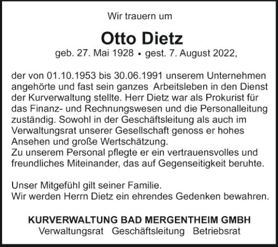 Traueranzeige von Otto Dietz von Fränkische Nachrichten