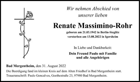 Traueranzeige von Renate Massimino-Rohr von Fränkische Nachrichten