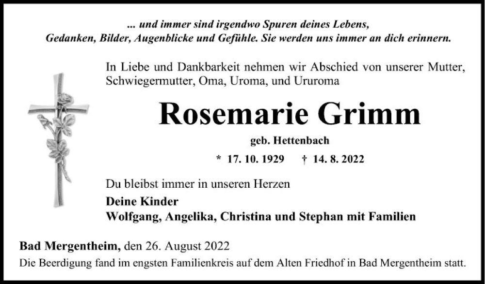  Traueranzeige für Rosemarie Grimm vom 26.08.2022 aus Fränkische Nachrichten