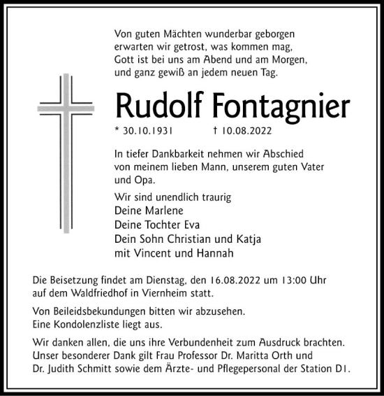 Traueranzeige von Rudolf Fontagnier von Mannheimer Morgen