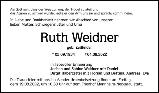 Traueranzeige von Ruth Weidner von Mannheimer Morgen