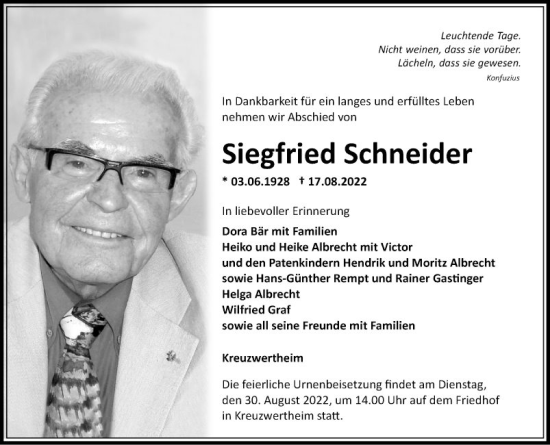 Traueranzeige von Siegfried Schneider von Fränkische Nachrichten