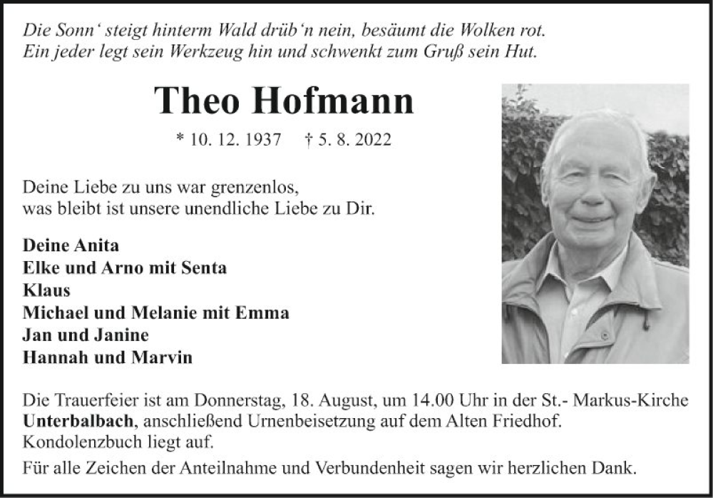  Traueranzeige für Theo Hofmann vom 12.08.2022 aus Fränkische Nachrichten