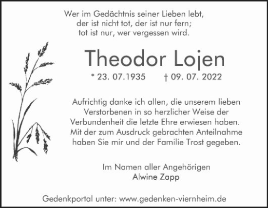 Traueranzeige von Theodor Lojen von Mannheimer Morgen