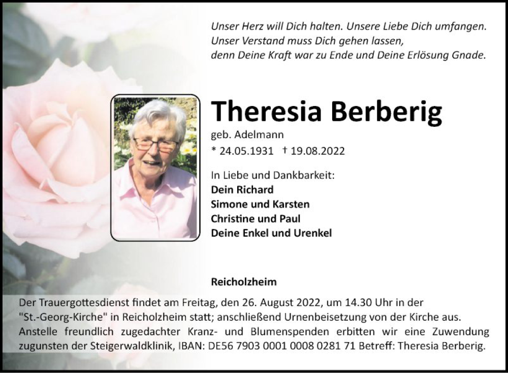  Traueranzeige für Theresia Berberig vom 23.08.2022 aus Fränkische Nachrichten