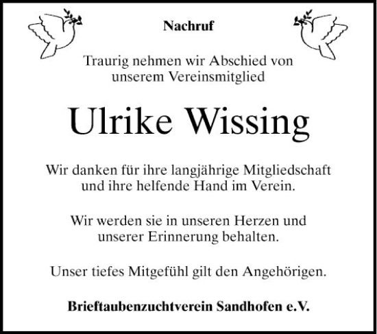 Traueranzeige von Ulrike Wissing von Mannheimer Morgen