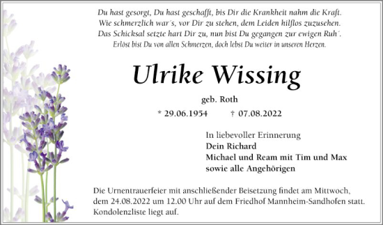 Traueranzeige von Ulrike Wissing von Mannheimer Morgen