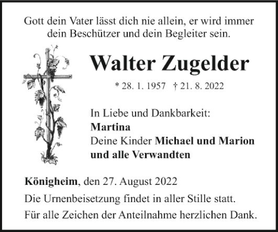 Traueranzeige von Walter Zugelder von Fränkische Nachrichten
