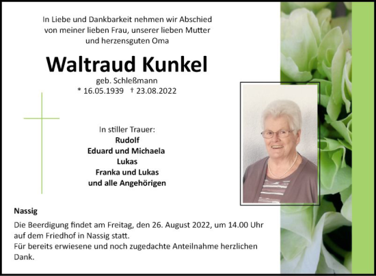 Traueranzeige von Waltraud Kunkel von Fränkische Nachrichten