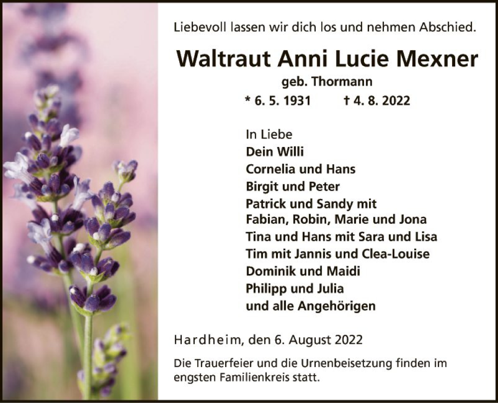  Traueranzeige für Waltraut Anni Lucie Mexner vom 06.08.2022 aus Fränkische Nachrichten