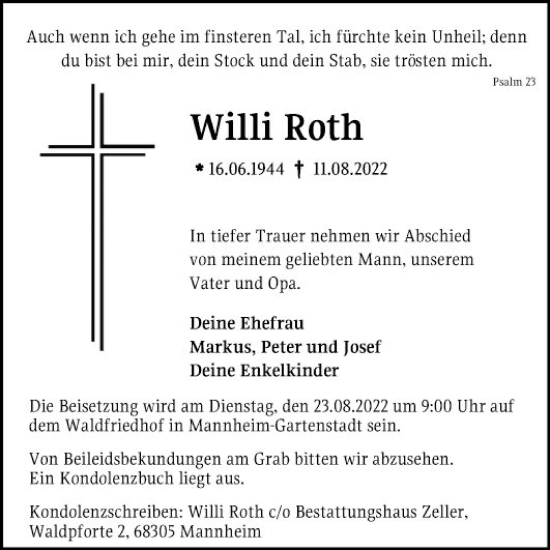 Traueranzeige von Willi Roth von Mannheimer Morgen