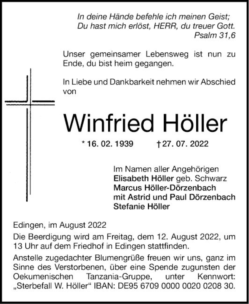  Traueranzeige für Winfried Höller vom 06.08.2022 aus Mannheimer Morgen