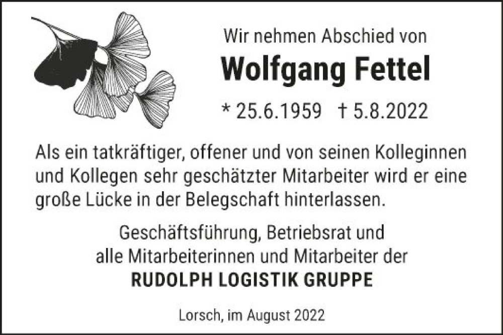  Traueranzeige für Wolfgang Fettel vom 13.08.2022 aus Bergsträßer Anzeiger