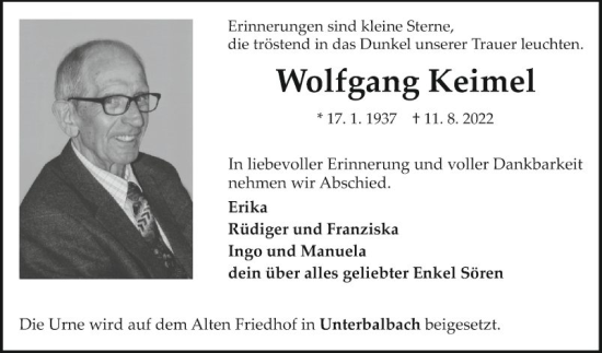Traueranzeige von Wolfgang Keimel von Fränkische Nachrichten