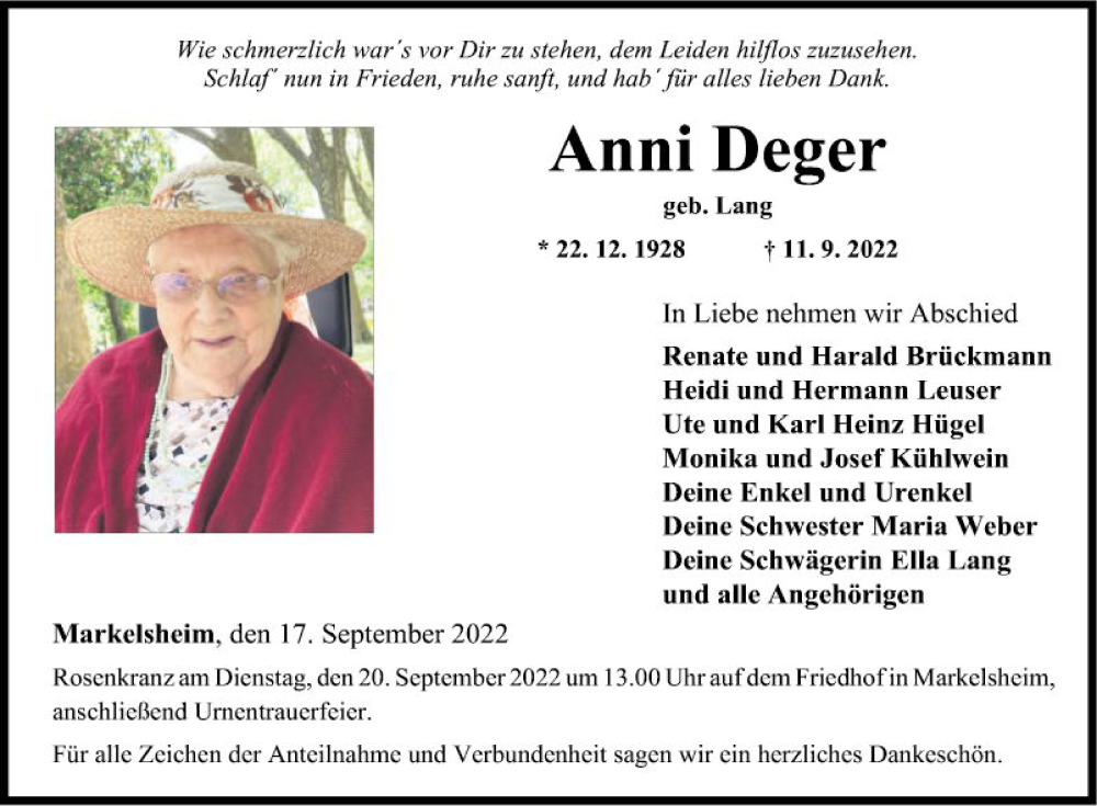  Traueranzeige für Anni Deger vom 17.09.2022 aus Fränkische Nachrichten