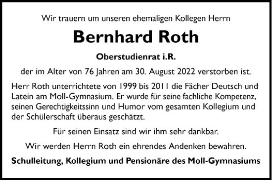 Traueranzeige von Bernhard Roth von Mannheimer Morgen