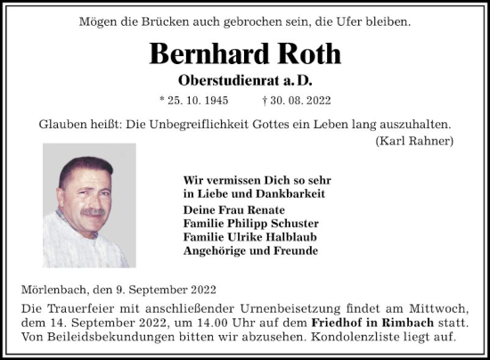 Traueranzeige von Bernhard Roth von Mannheimer Morgen