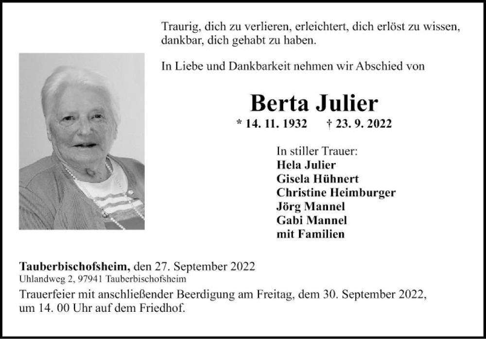  Traueranzeige für Berta Julier vom 27.09.2022 aus Fränkische Nachrichten