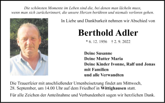 Traueranzeige von Berthold Adler von Fränkische Nachrichten
