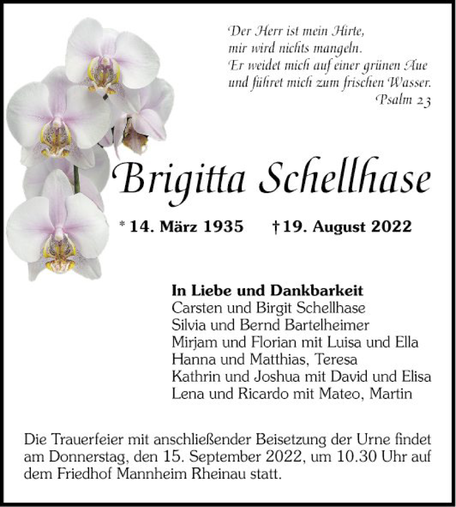  Traueranzeige für Brigitta Schellhase vom 10.09.2022 aus Mannheimer Morgen
