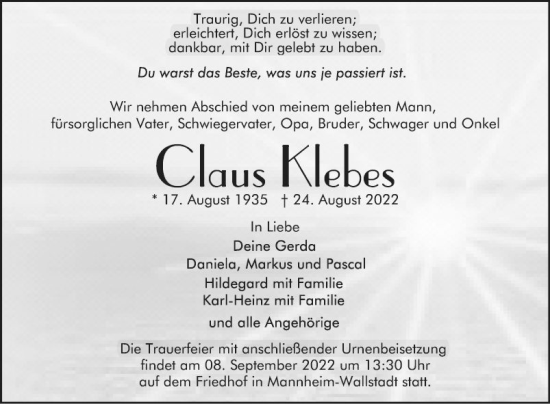 Traueranzeige von Claus Klebes von Mannheimer Morgen