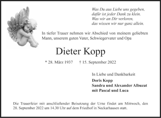 Traueranzeige von Dieter Kopp von Mannheimer Morgen