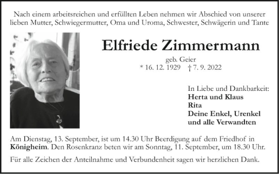 Traueranzeige von Elfriede Zimmermann von Fränkische Nachrichten