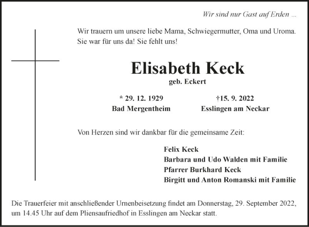  Traueranzeige für Elisabeth Keck vom 21.09.2022 aus Fränkische Nachrichten