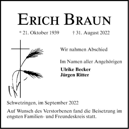 Traueranzeige von Erich Braun von Schwetzinger Zeitung