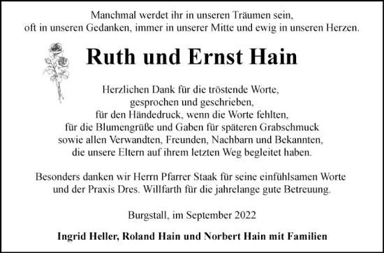 Traueranzeige von Ernst Hain von Fränkische Nachrichten