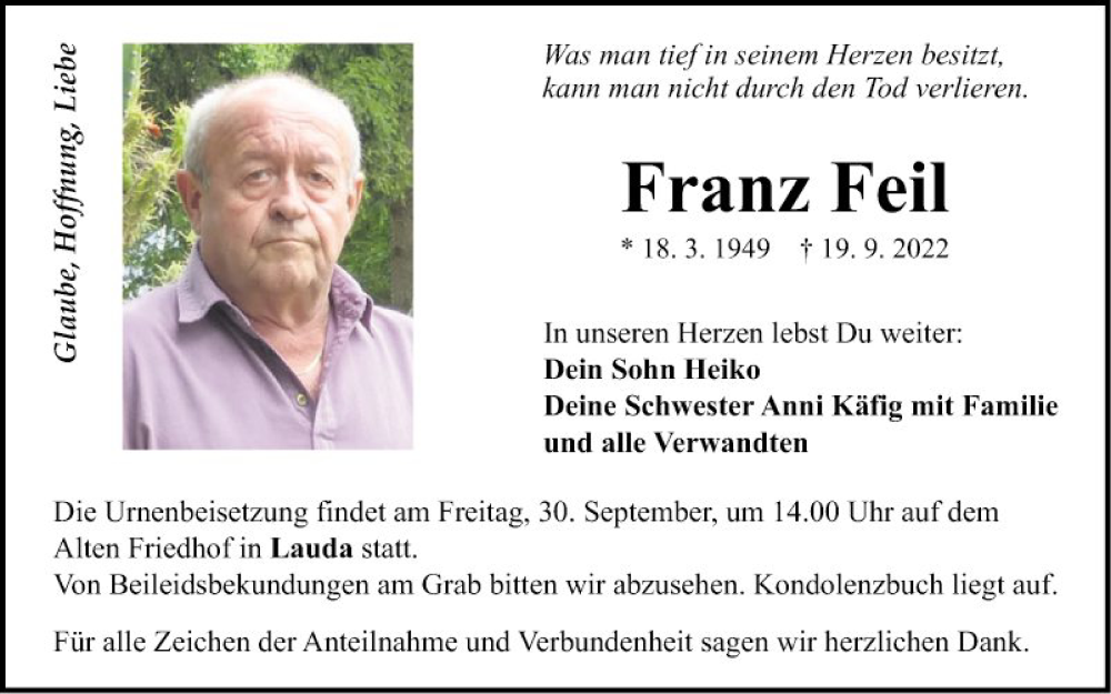  Traueranzeige für Franz Feil vom 24.09.2022 aus Fränkische Nachrichten