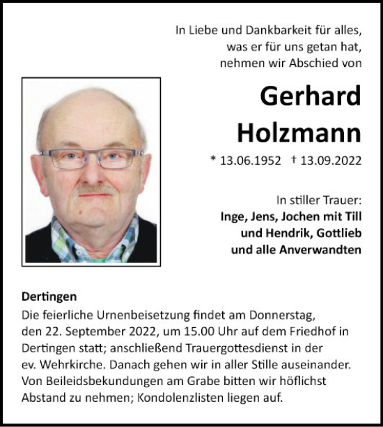 Traueranzeige von Gerhard Holzmann von Fränkische Nachrichten