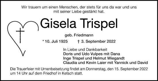 Traueranzeige von Gisela Trispel von Schwetzinger Zeitung