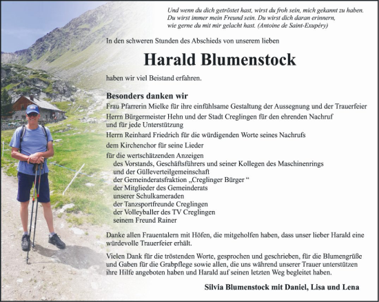 Traueranzeige von Harald Blumenstock von Fränkische Nachrichten