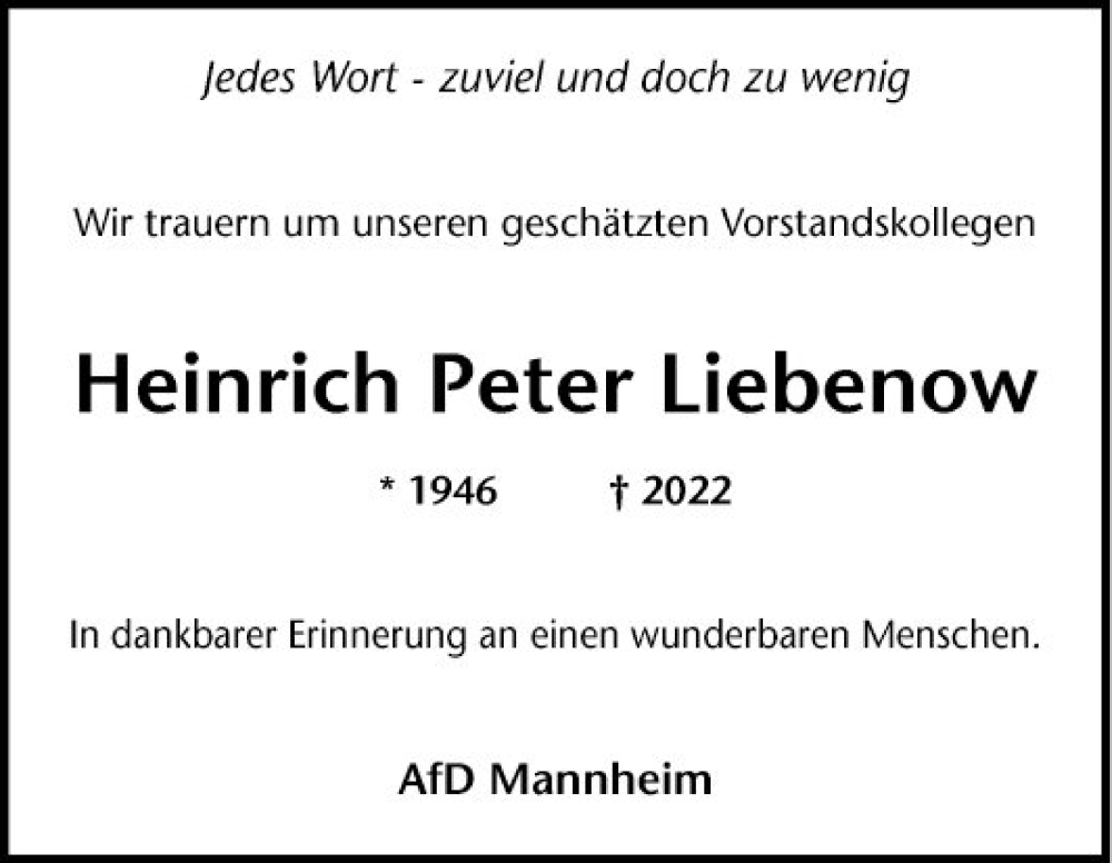  Traueranzeige für Heinrich Peter Liebenow vom 10.09.2022 aus Mannheimer Morgen