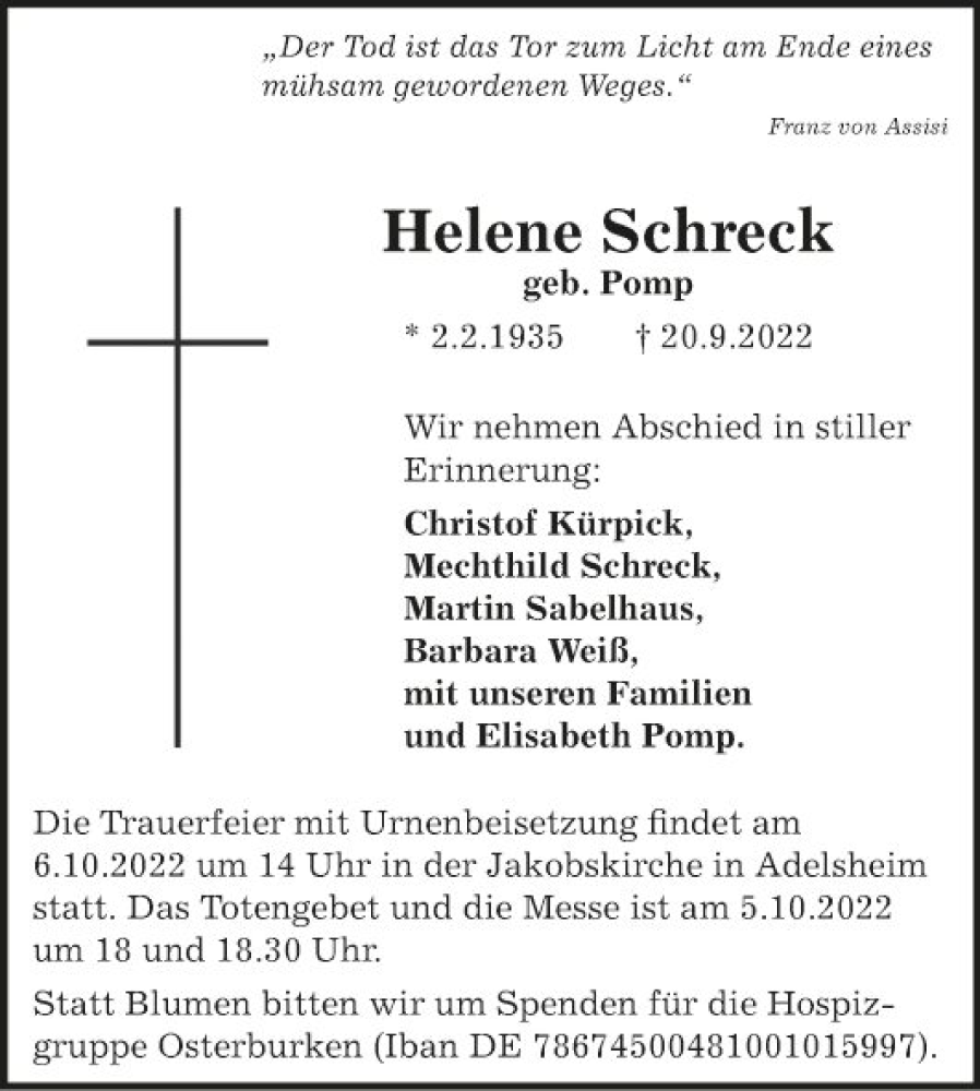  Traueranzeige für Helene Schreck vom 24.09.2022 aus Fränkische Nachrichten