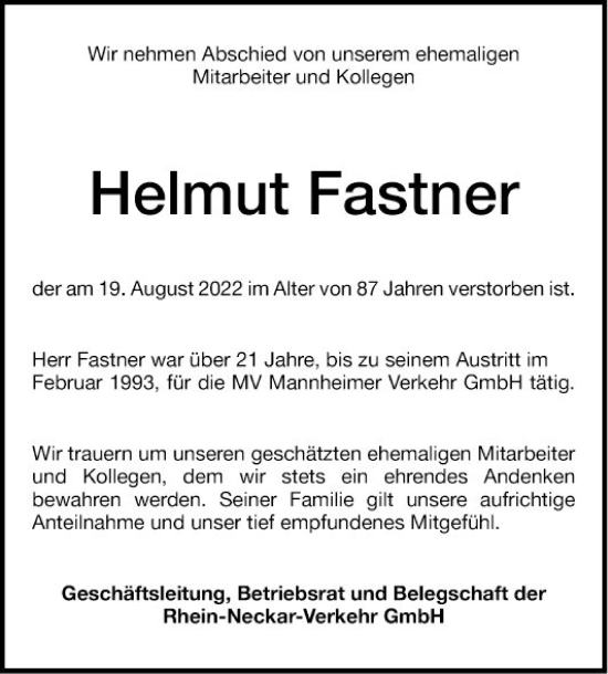 Traueranzeige von Helmut Fastner von Mannheimer Morgen