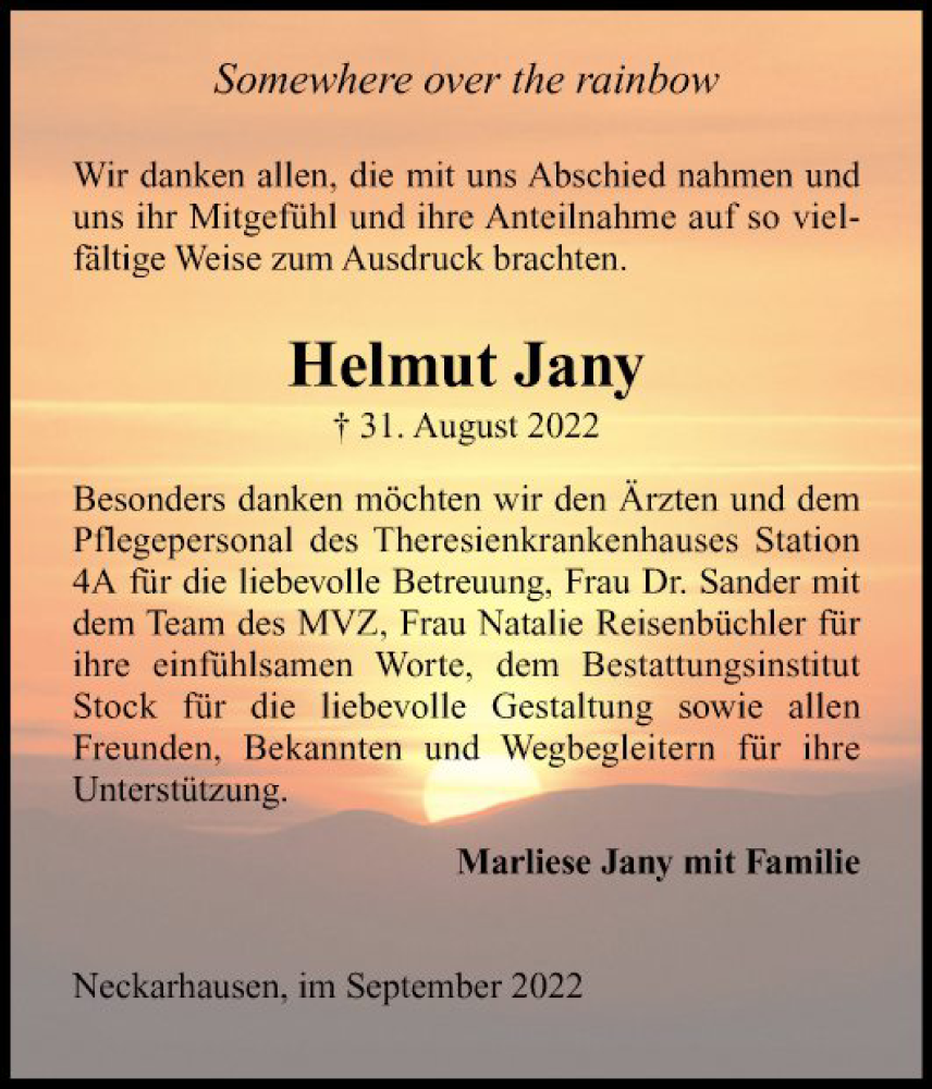  Traueranzeige für Helmut Jany vom 24.09.2022 aus Mannheimer Morgen