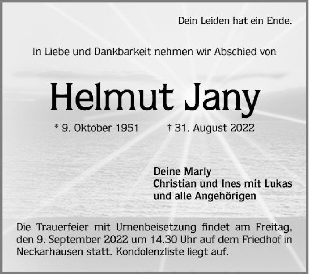  Traueranzeige für Helmut Jany vom 03.09.2022 aus Mannheimer Morgen