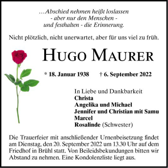 Traueranzeige von Hugo Maurer von Schwetzinger Zeitung