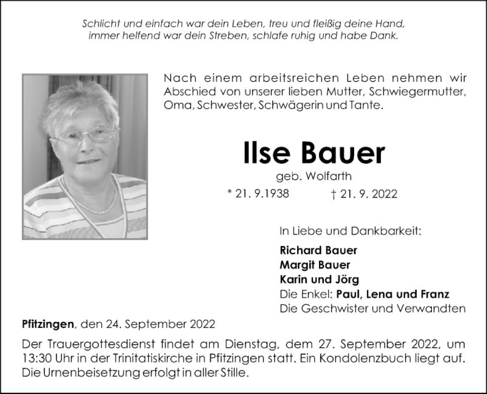  Traueranzeige für Ilse Bauer vom 24.09.2022 aus Fränkische Nachrichten